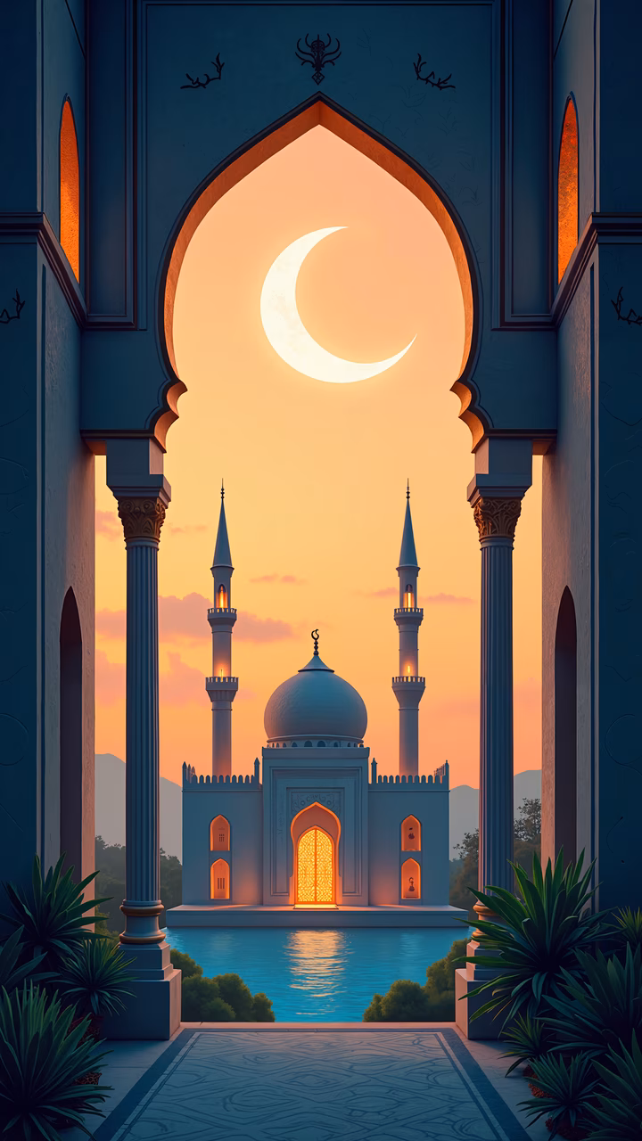 A tranquil sunset scene featuring a mosque with two minarets and a crescent moon, framed by an ornate archway.