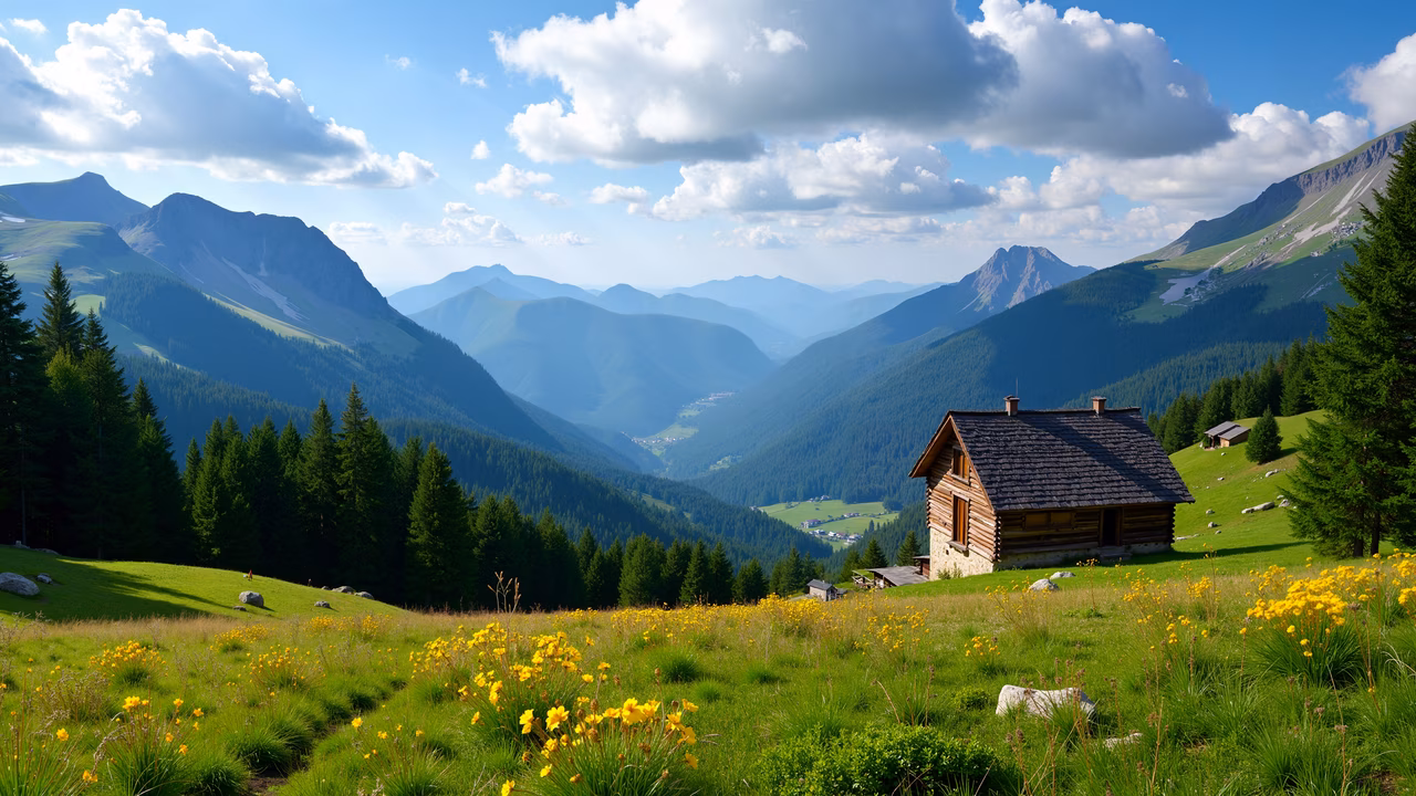 A tranquil mountain scene featuring a rustic cabin and vibrant wildflowers.