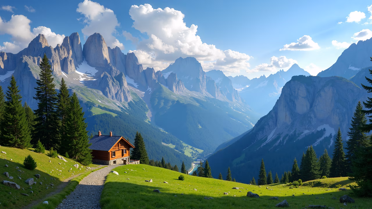 A tranquil mountain cabin in a lush green valley, surrounded by pine trees and rugged mountains under a bright blue sky.
