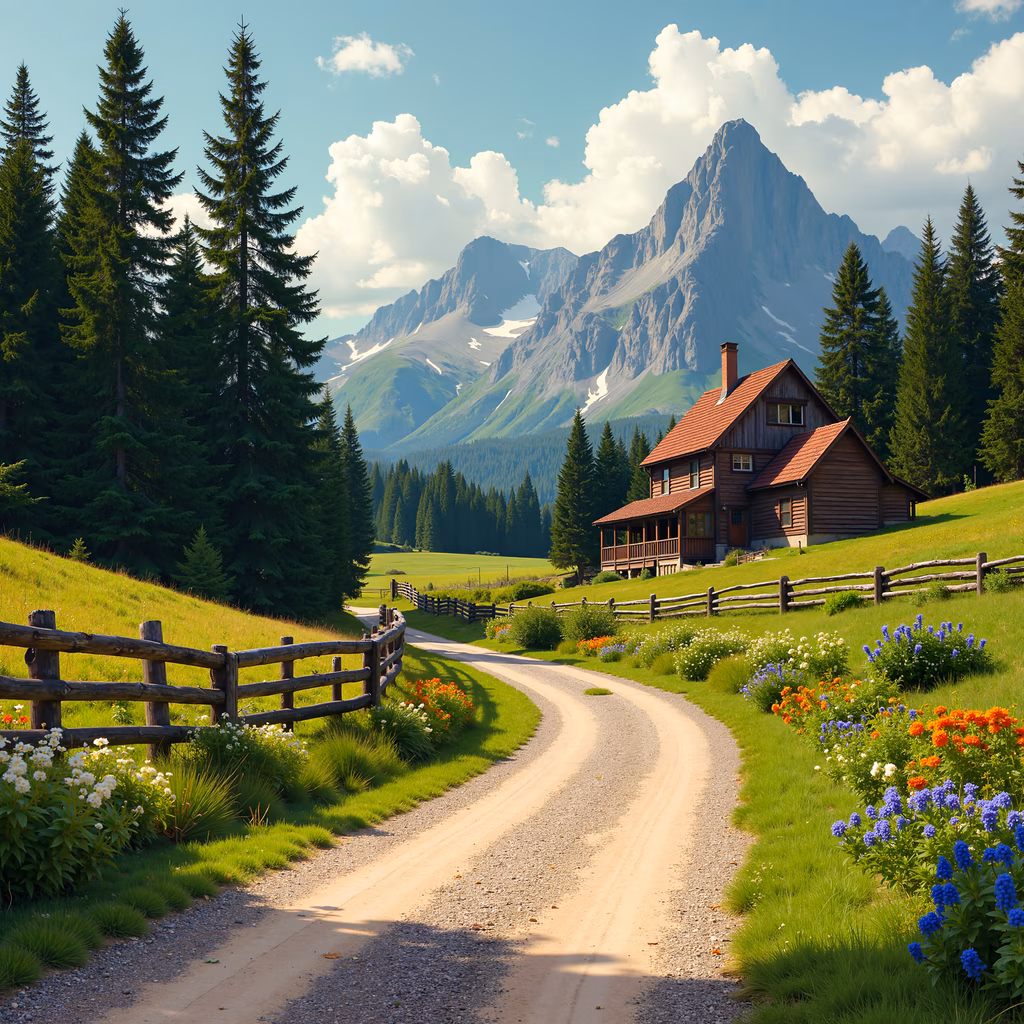 A tranquil mountain cabin surrounded by lush greenery and vibrant wildflowers, bathed in soft sunlight.