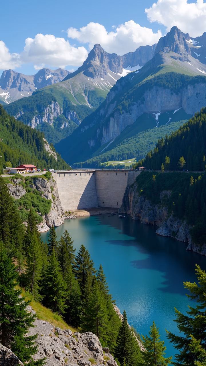 A stunning illustration of a mountain lake with lush forests and towering mountains, showcasing vibrant greens and blues in a tranquil landscape.