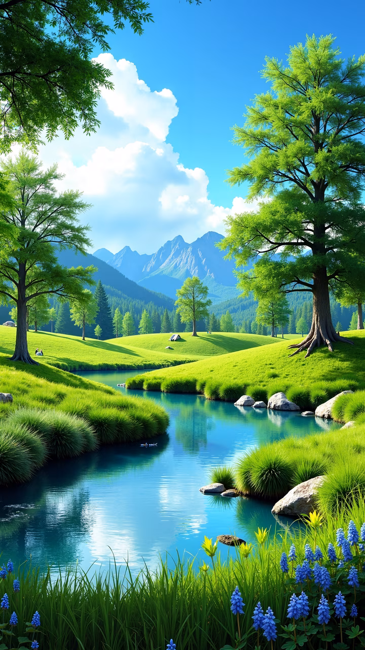 A tranquil mountain lake with lush greenery and towering trees, evoking peace and natural beauty.