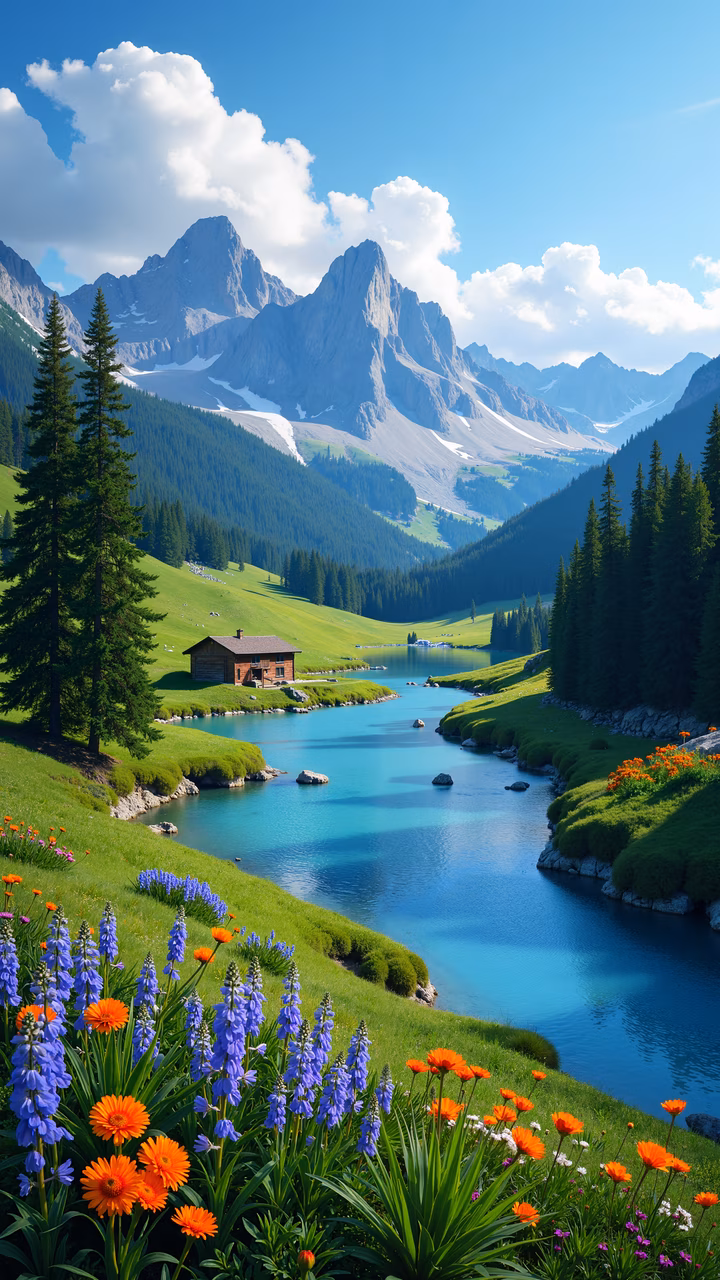 A tranquil mountain lake surrounded by lush greenery and vibrant flowers, set against majestic mountains under a bright blue sky.