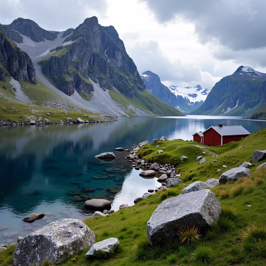 A peaceful mountain lake scene with rugged peaks and a small red cabin, reflecting tranquility and natural beauty.