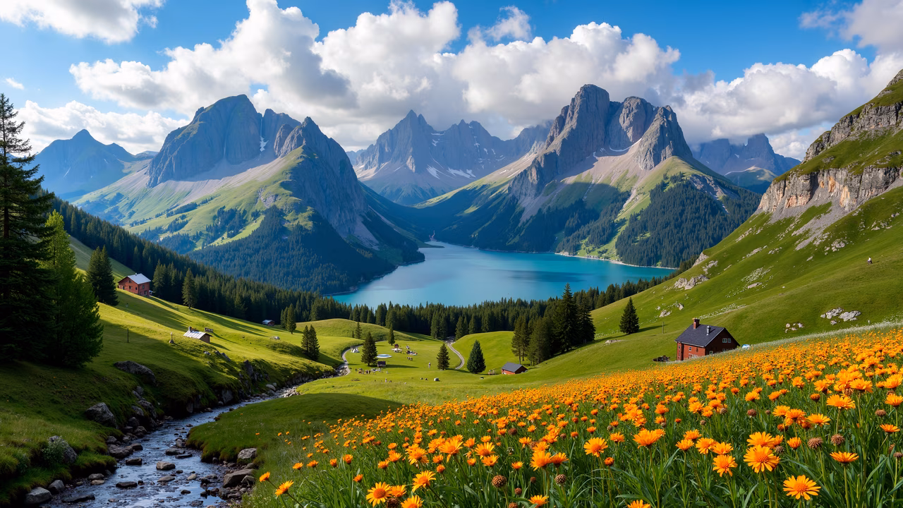 A picturesque mountain lake with vibrant yellow flowers and lush green hills under a clear blue sky.