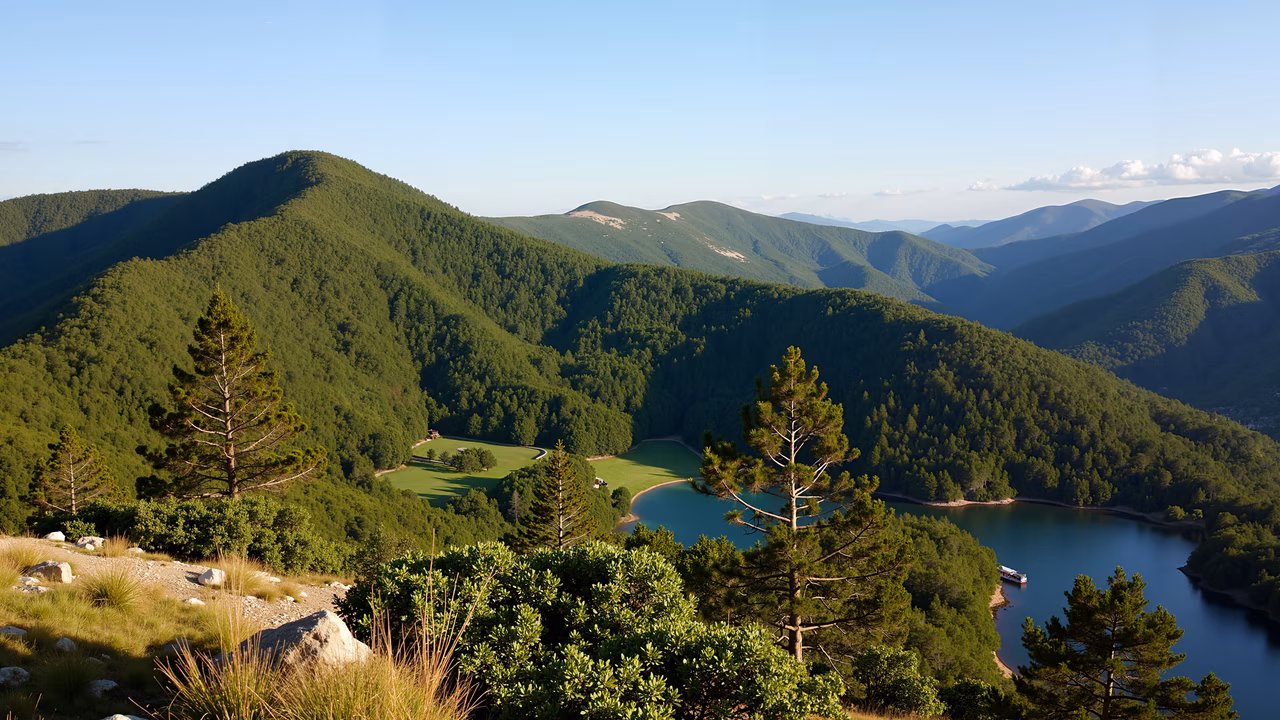 Rolling green mountains, serene lake, lush vegetation, warm sunlight, tranquil atmosphere