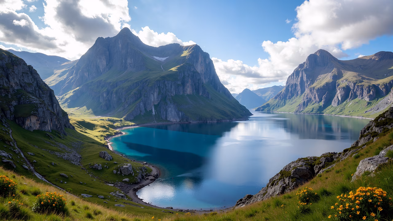A stunning panoramic view of a mountain lake with rugged peaks and lush greenery under a clear blue sky.