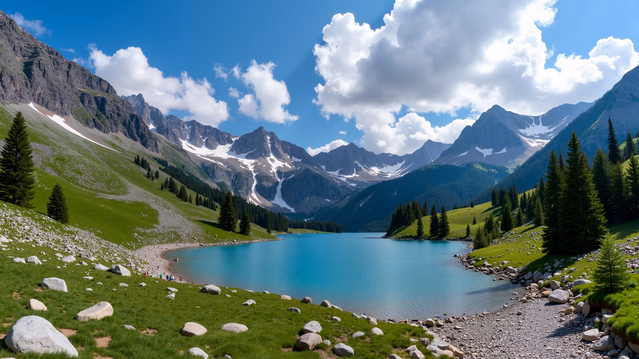 A stunning panoramic view of a turquoise mountain lake nestled among verdant hills and majestic peaks.