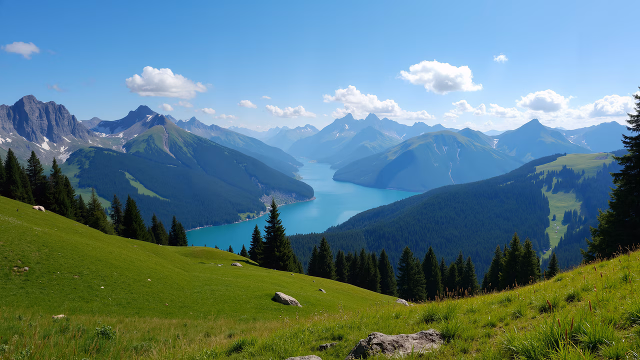 A stunning panoramic view of a mountain lake nestled among green hills and pine trees under a clear sky.
