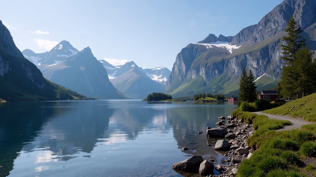 A tranquil mountain lake with towering peaks and a small red cabin, reflecting peace and nature's beauty.