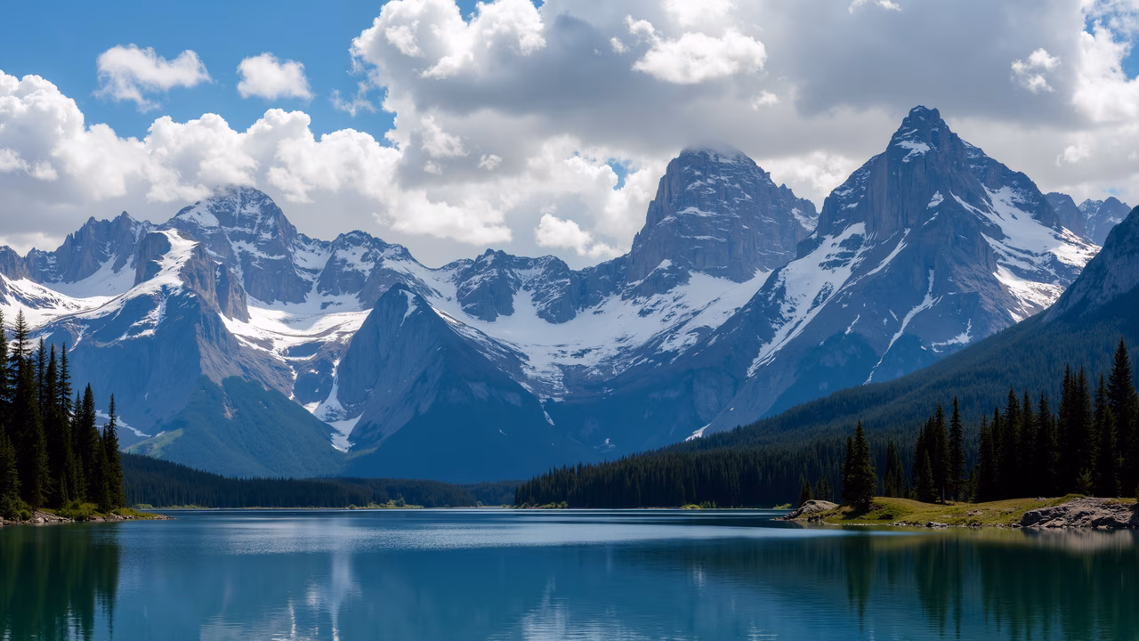 A stunning photo of a mountain lake with snow-capped peaks and lush green pine trees under a clear blue sky.