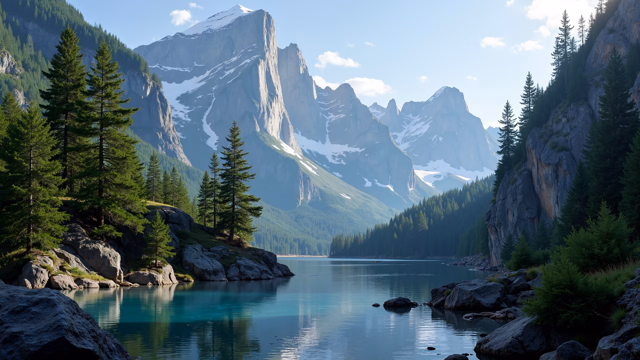A tranquil mountain lake framed by majestic peaks and lush forests, captured in a realistic photo.
