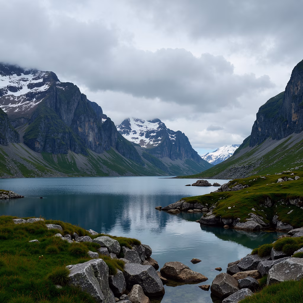 A peaceful mountain lake with rugged peaks and lush greenery under an overcast sky.