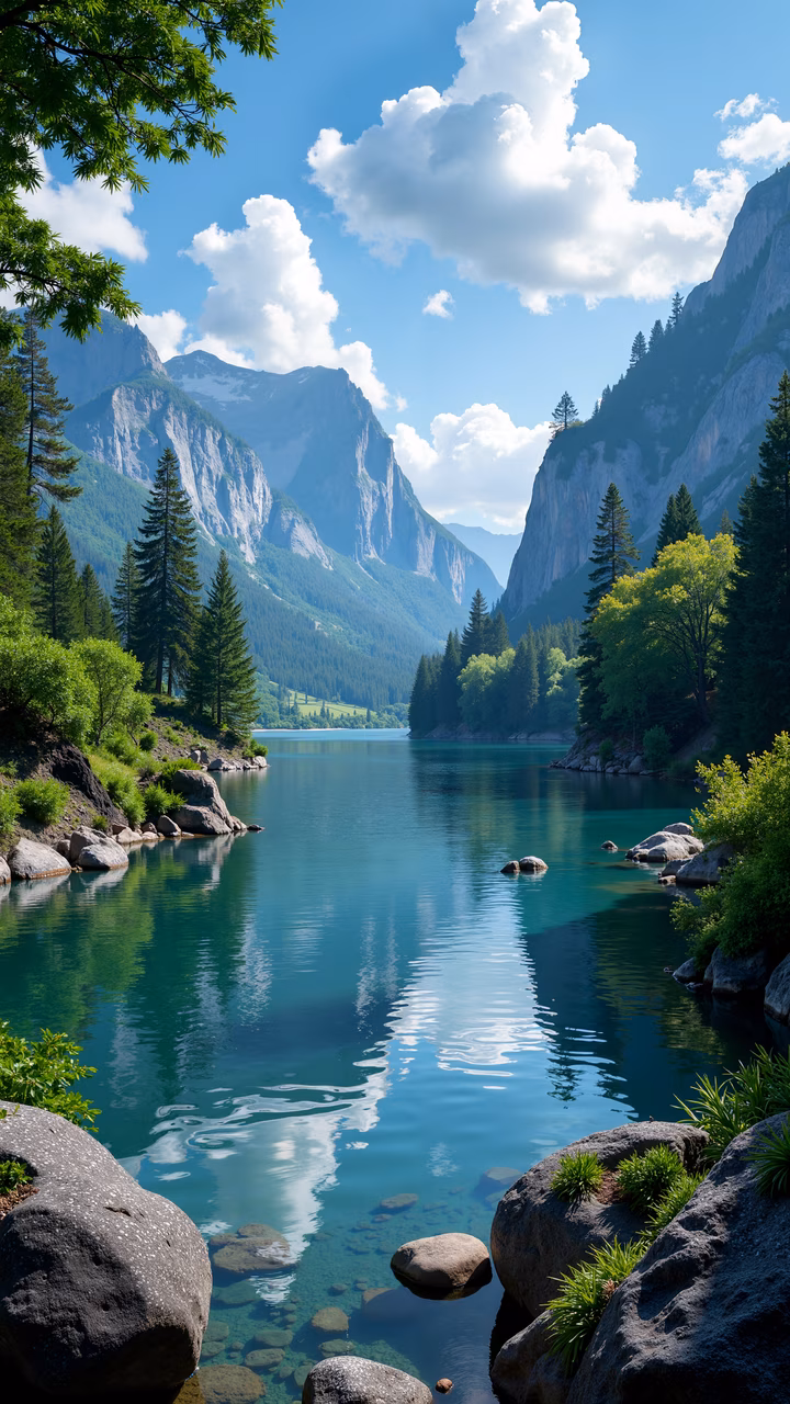 A breathtaking view of a mountain lake with crystal-clear waters and lush surroundings.