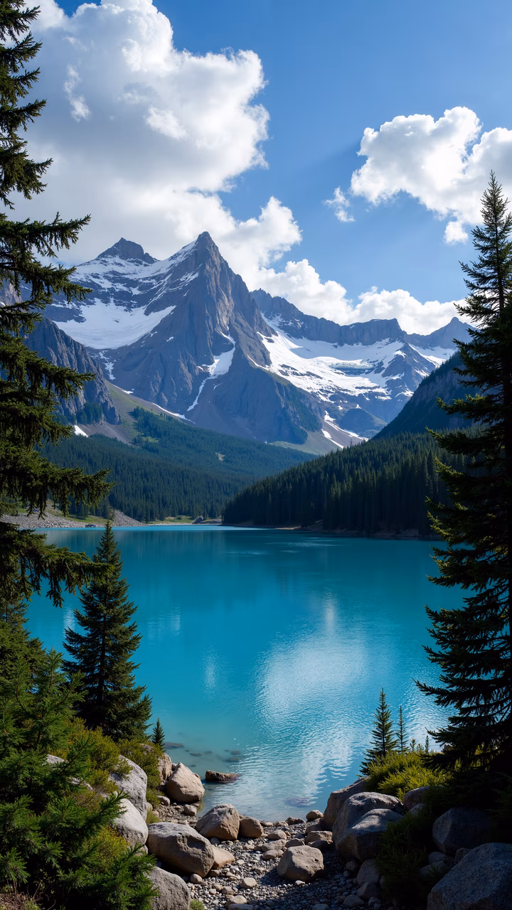 A tranquil mountain lake framed by dense pine forests and rugged mountains, reflecting the clear blue sky.