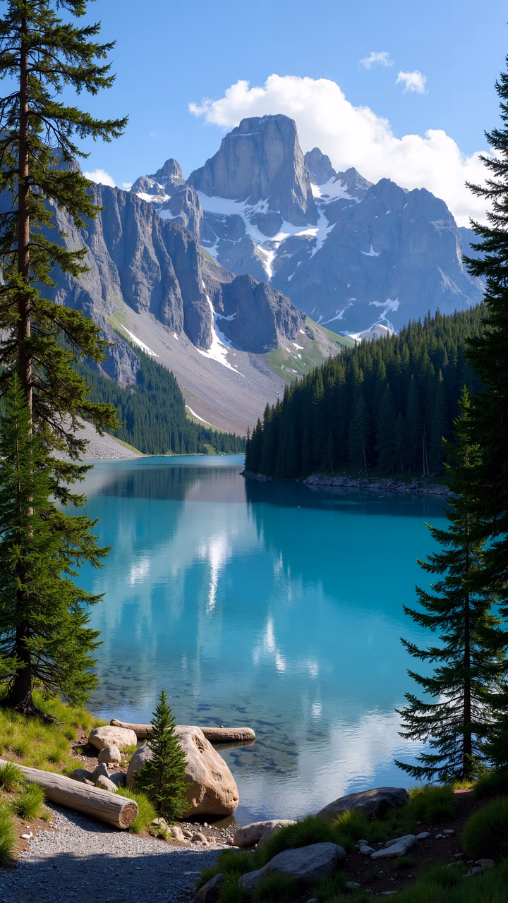 A stunning mountain lake with turquoise waters reflecting the peaks and evergreen trees, perfect for relaxation and contemplation.