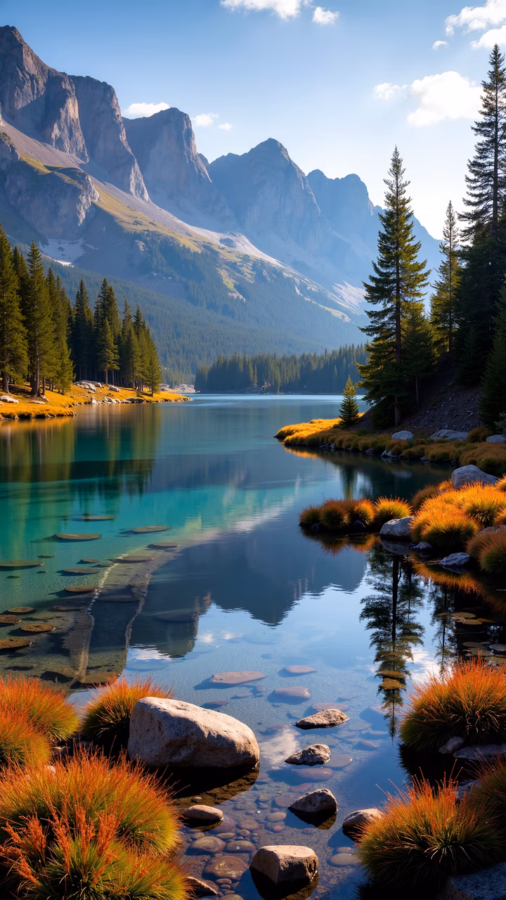 A tranquil mountain lake reflecting the peaks and pine trees, bathed in soft sunlight, showcasing natural beauty and tranquility.