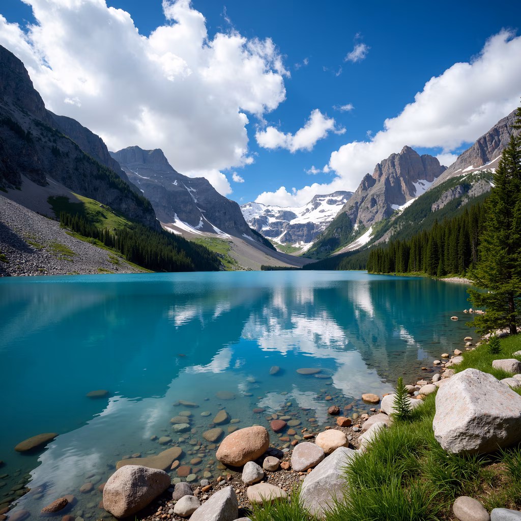 Serene mountain lake with clear turquoise water reflecting the surrounding peaks and clouds.