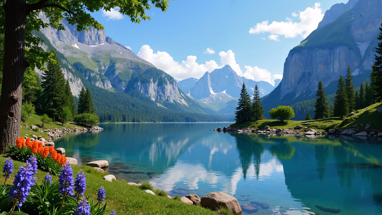 A breathtaking view of a mountain lake with clear turquoise water and vibrant orange flowers in the foreground.