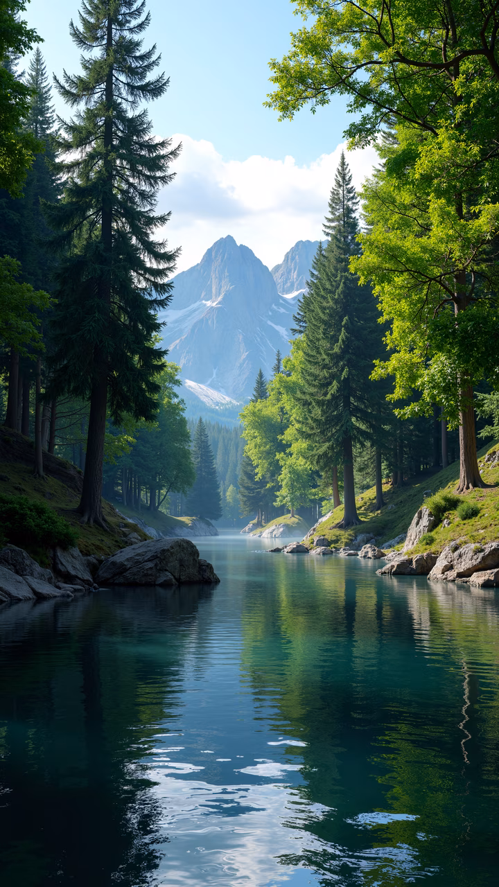 A tranquil mountain lake surrounded by lush greenery and towering mountains, reflecting the serene beauty of nature.