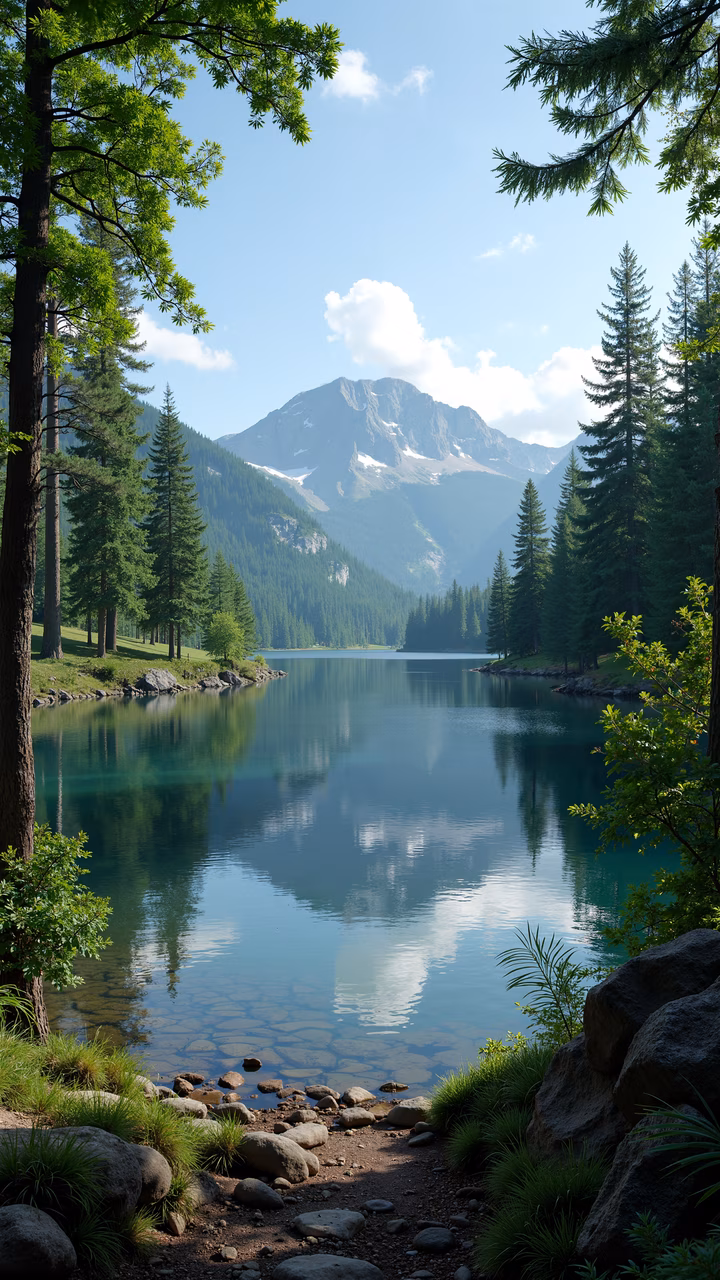A breathtaking view of a mountain lake with reflections and lush surroundings.