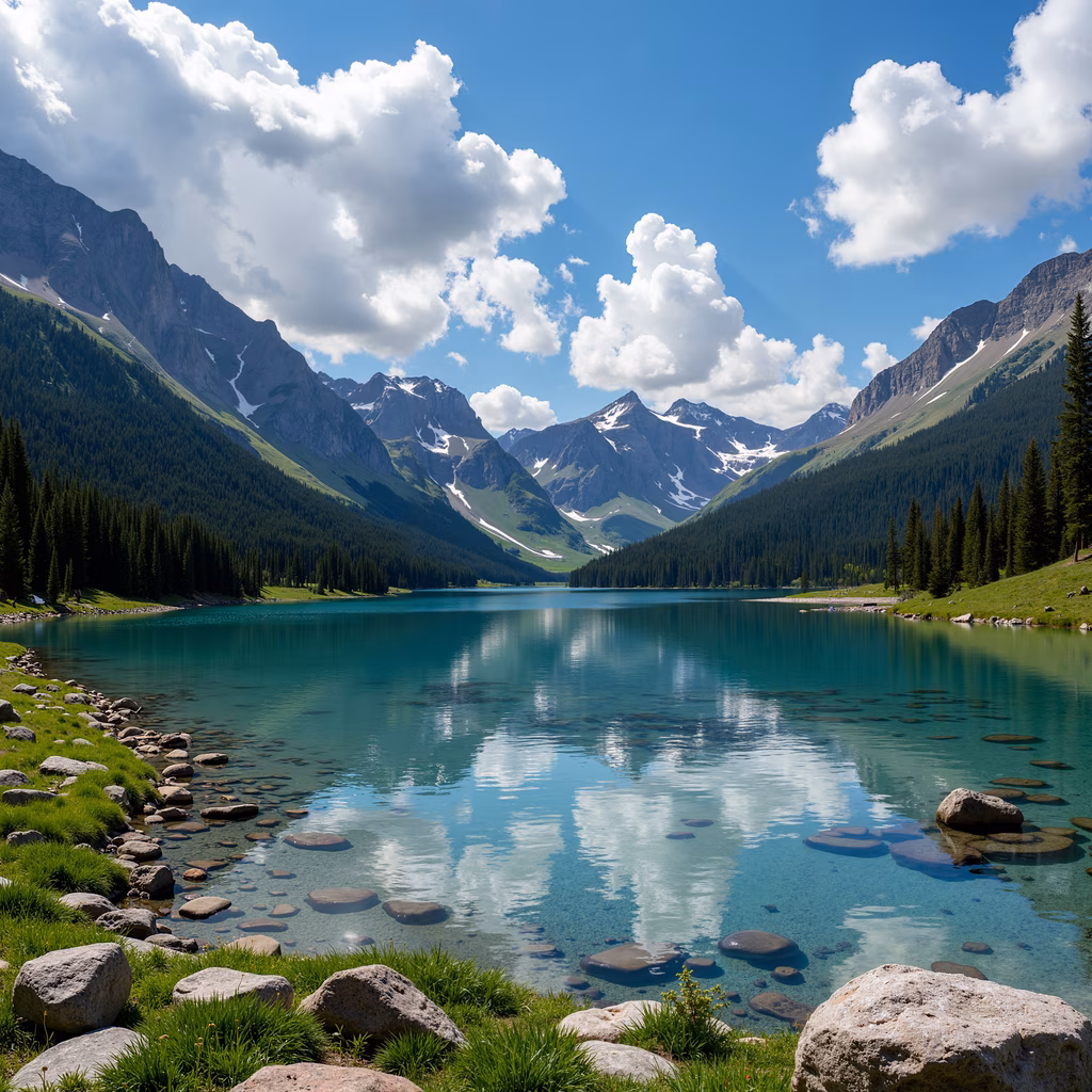 A tranquil mountain lake reflecting the surrounding peaks and clouds, surrounded by lush greenery and a clear blue sky.