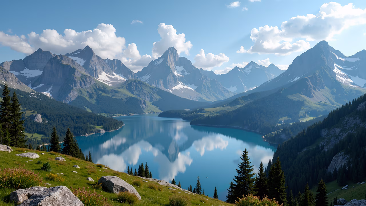 A stunning photo of a mountain lake with crystal-clear waters reflecting majestic peaks and fluffy clouds, surrounded by lush greenery.