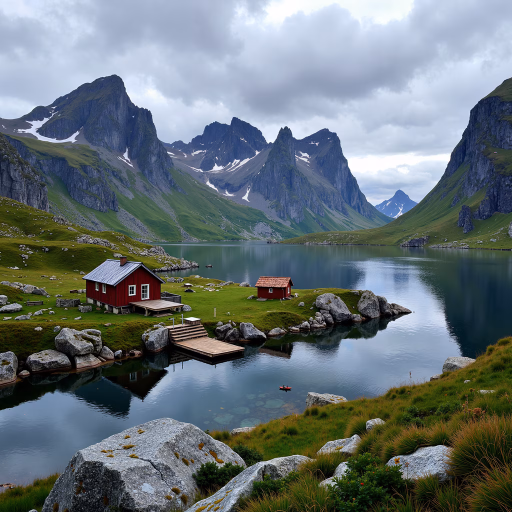 A peaceful mountain lake with two red cabins and rugged peaks in the background.