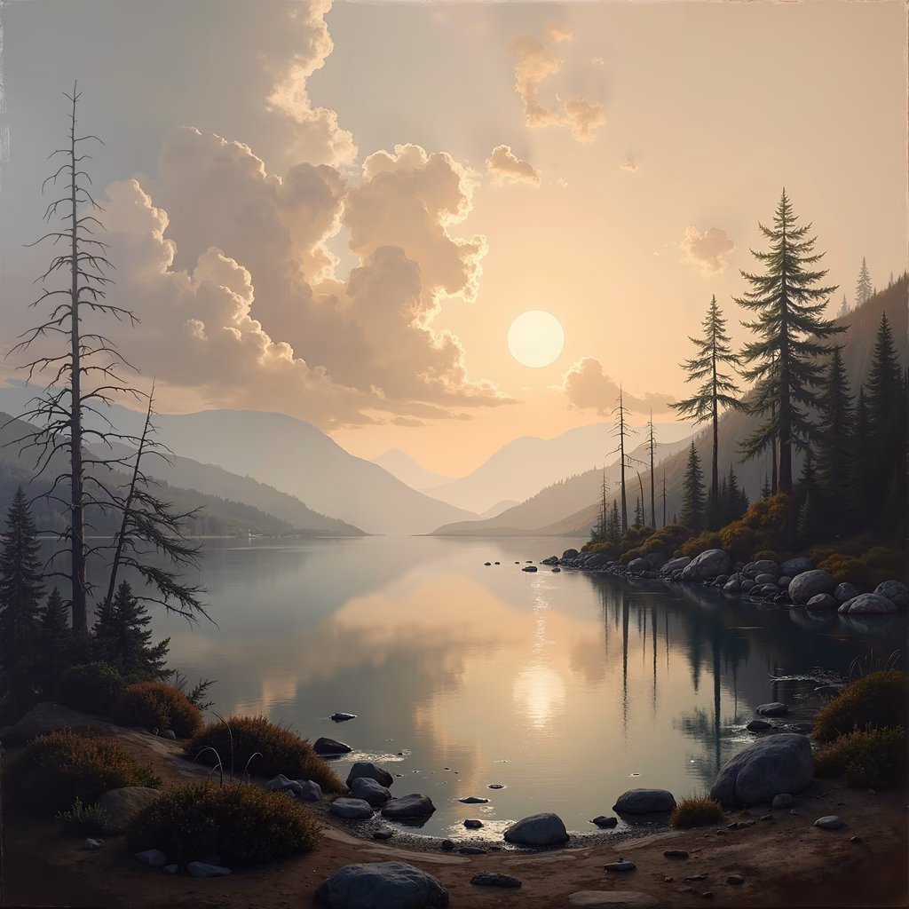 A peaceful sunset over a mountain lake with pine trees and distant mountains.