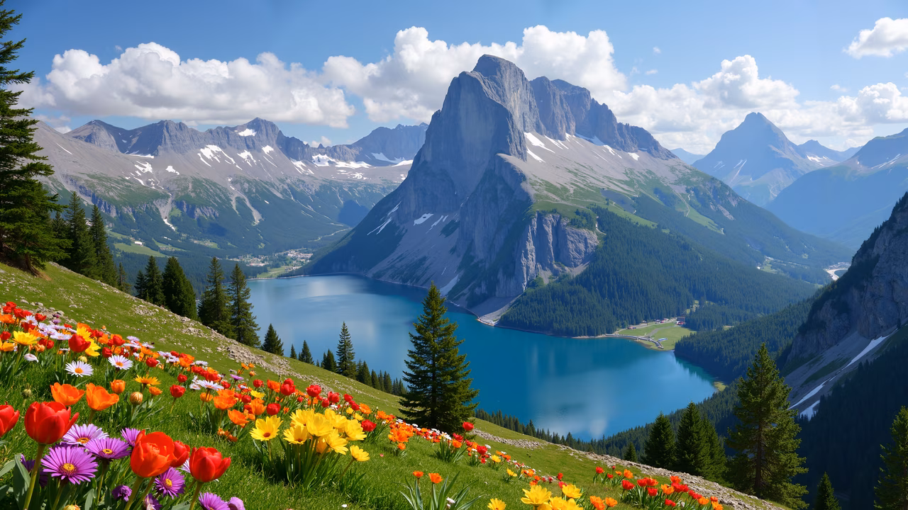 A stunning mountain lake with colorful flowers and lush greenery, perfect for nature lovers and photographers.