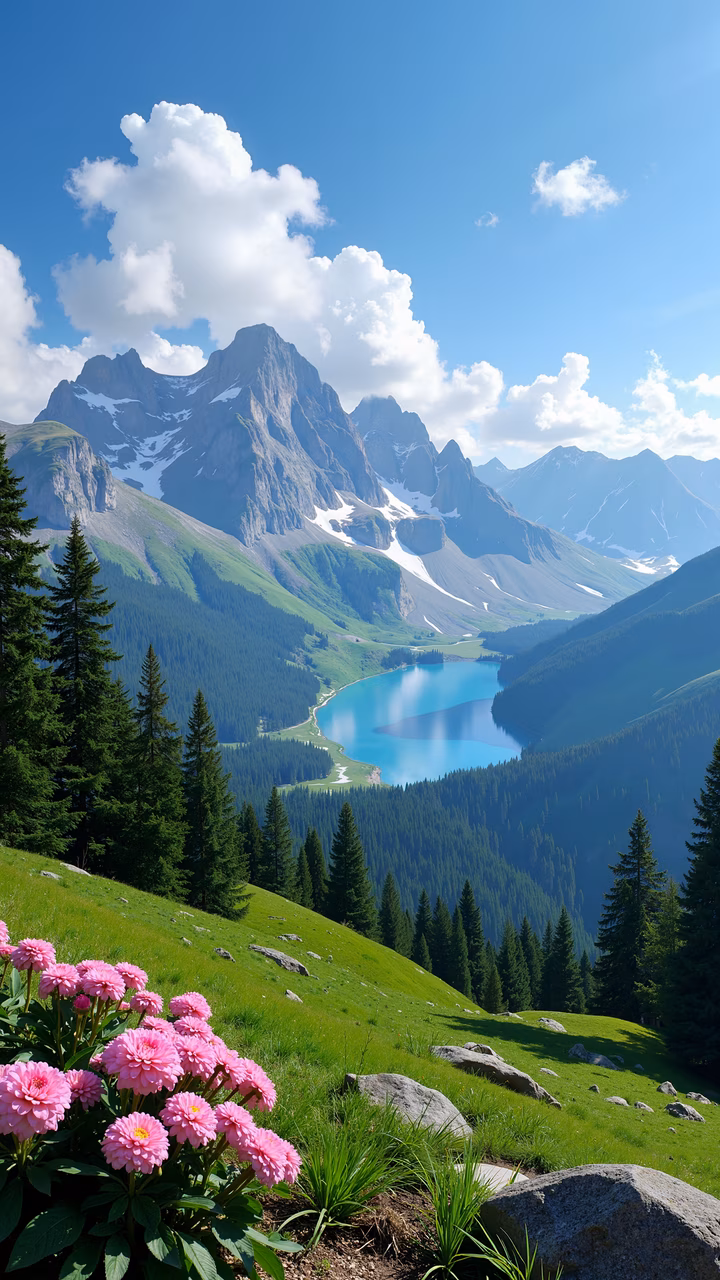 A tranquil mountain lake surrounded by snow-capped peaks and green forests, with pink flowers in the foreground.