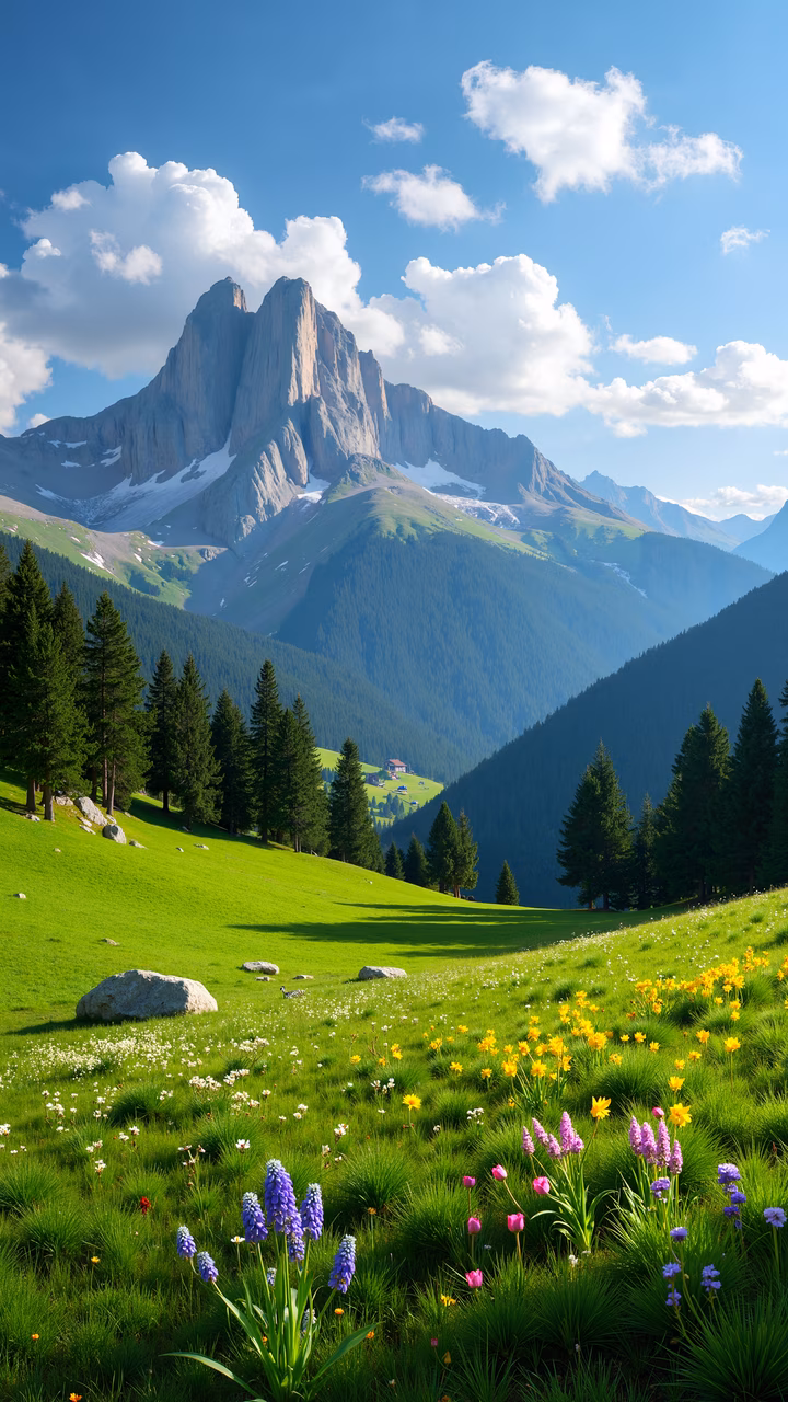 A tranquil mountain landscape with vibrant flowers and towering pine trees.