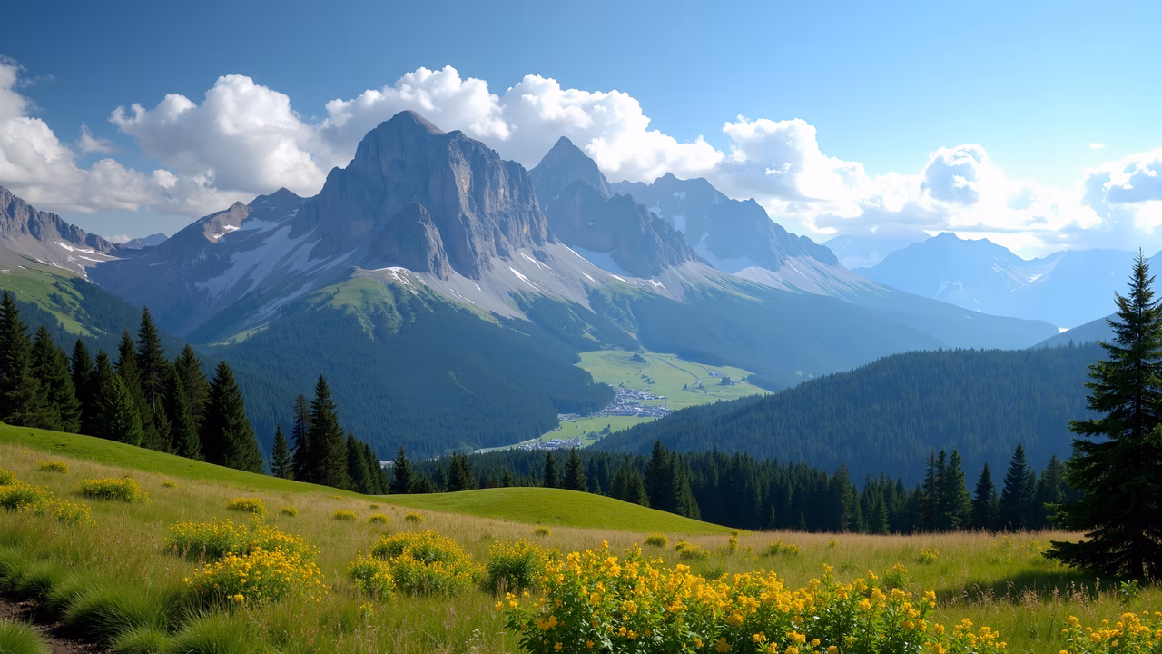 A tranquil mountain landscape with vibrant flora and towering peaks.
