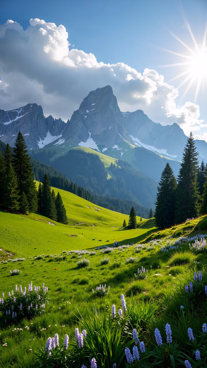 A tranquil mountain landscape with green meadows and blooming purple flowers under soft sunlight.