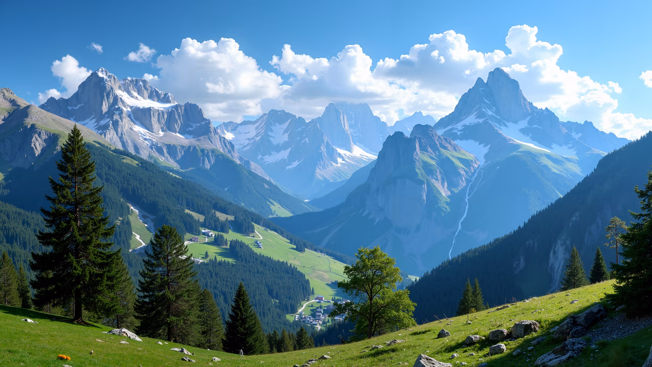 A stunning mountain landscape with snow-capped peaks and verdant valleys, framed by tall evergreen trees under a clear blue sky.
