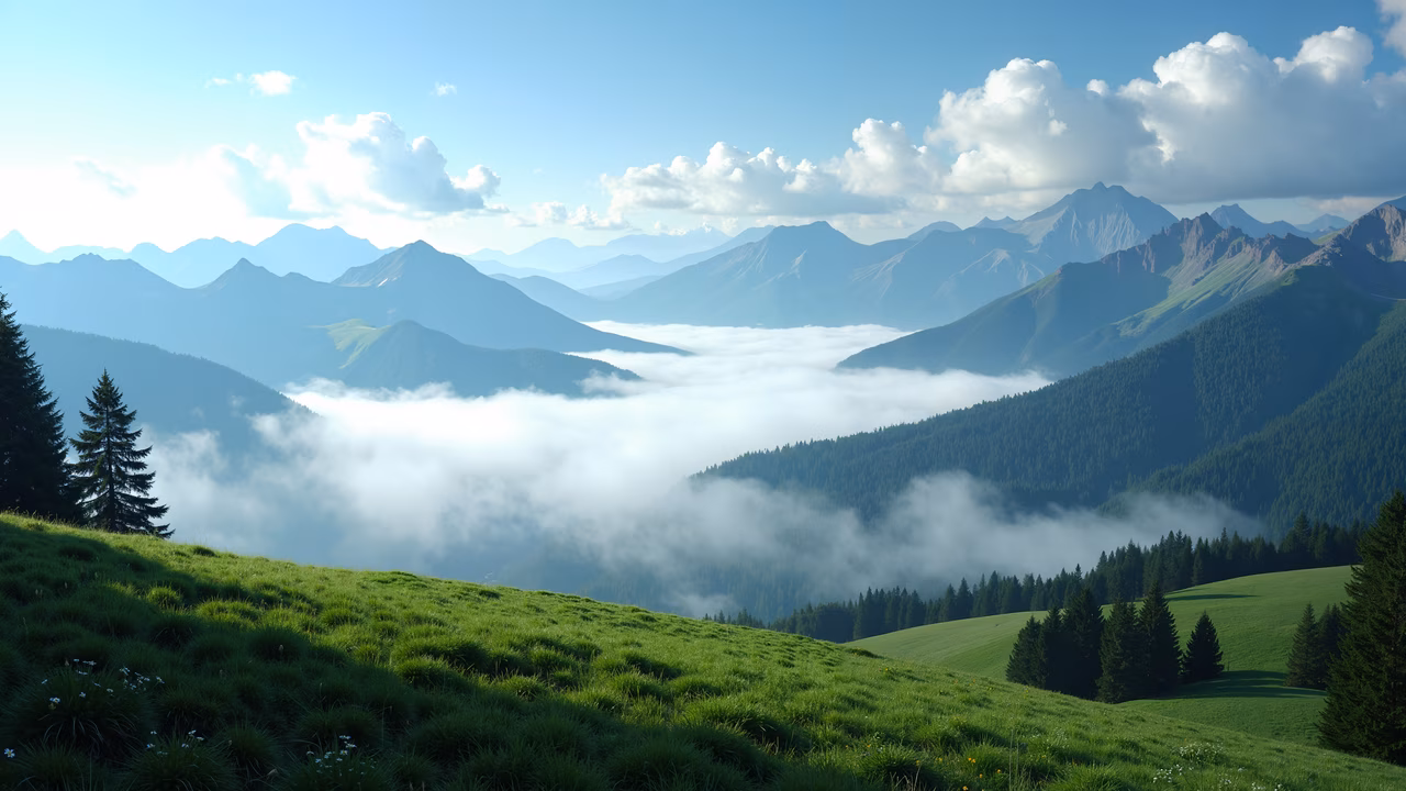 A stunning mountain landscape with lush green hills and a sea of clouds, captured in natural light.