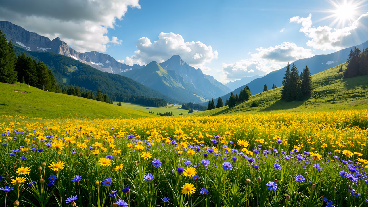 A picturesque meadow with colorful flowers and towering mountains under a clear blue sky.