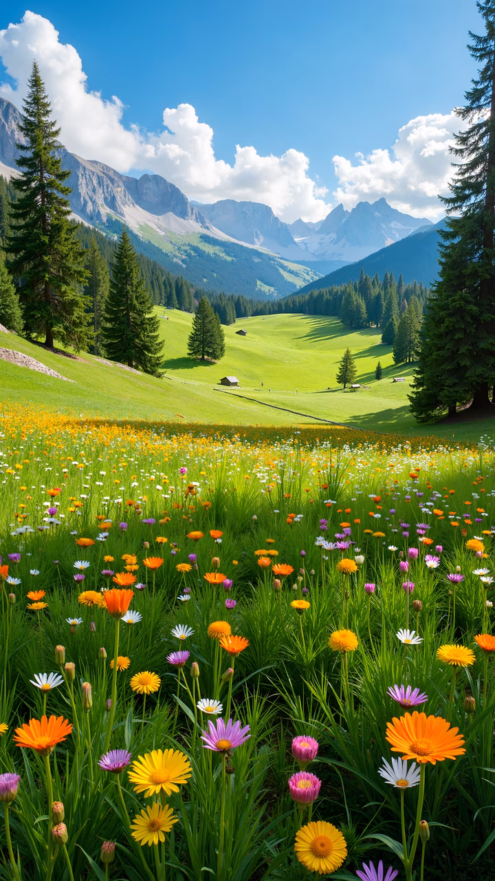 A stunning illustration of a mountain meadow with colorful wildflowers under a clear blue sky, perfect for nature enthusiasts and landscape lovers.