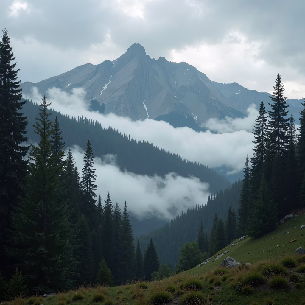 A breathtaking view of mist-covered mountains and verdant forests, perfect for nature enthusiasts and landscape photographers.
