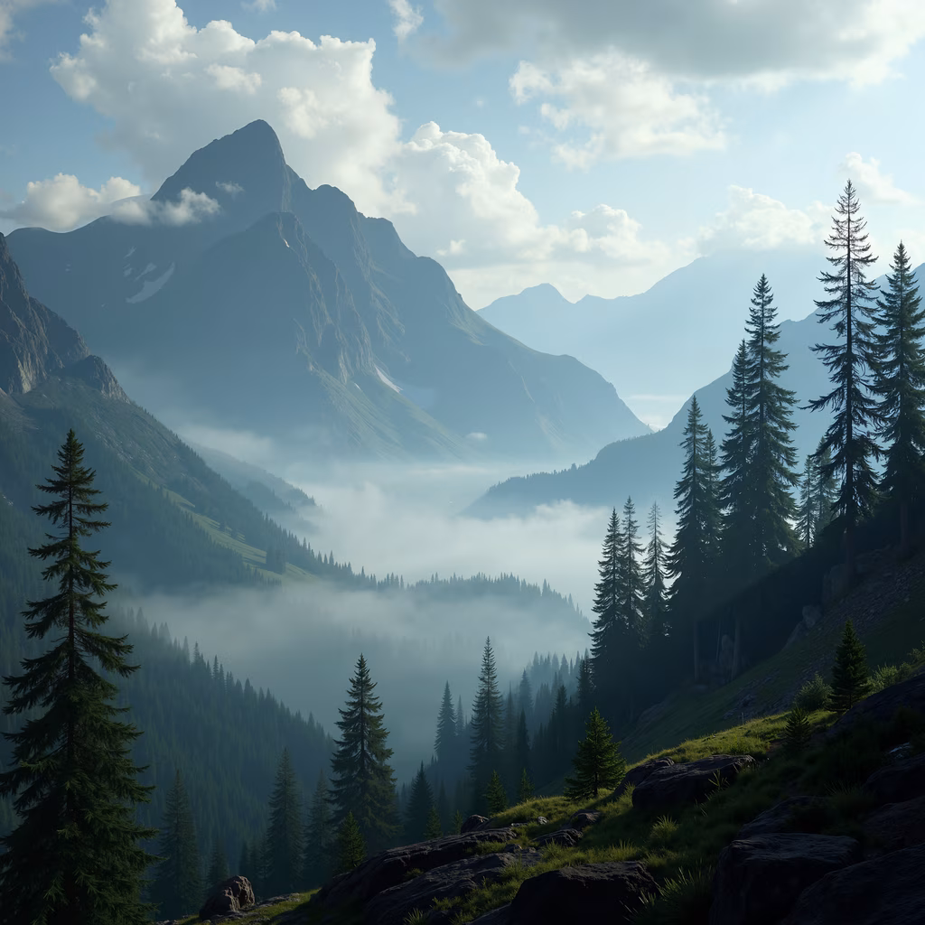A peaceful mountain landscape with pine trees and misty mountains, captured in soft light.