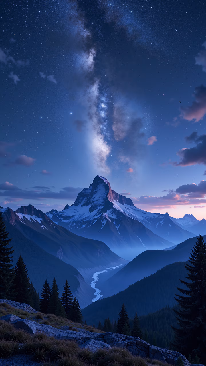 A stunning night landscape featuring a mountain peak, forested valleys, and a Milky Way in the sky.