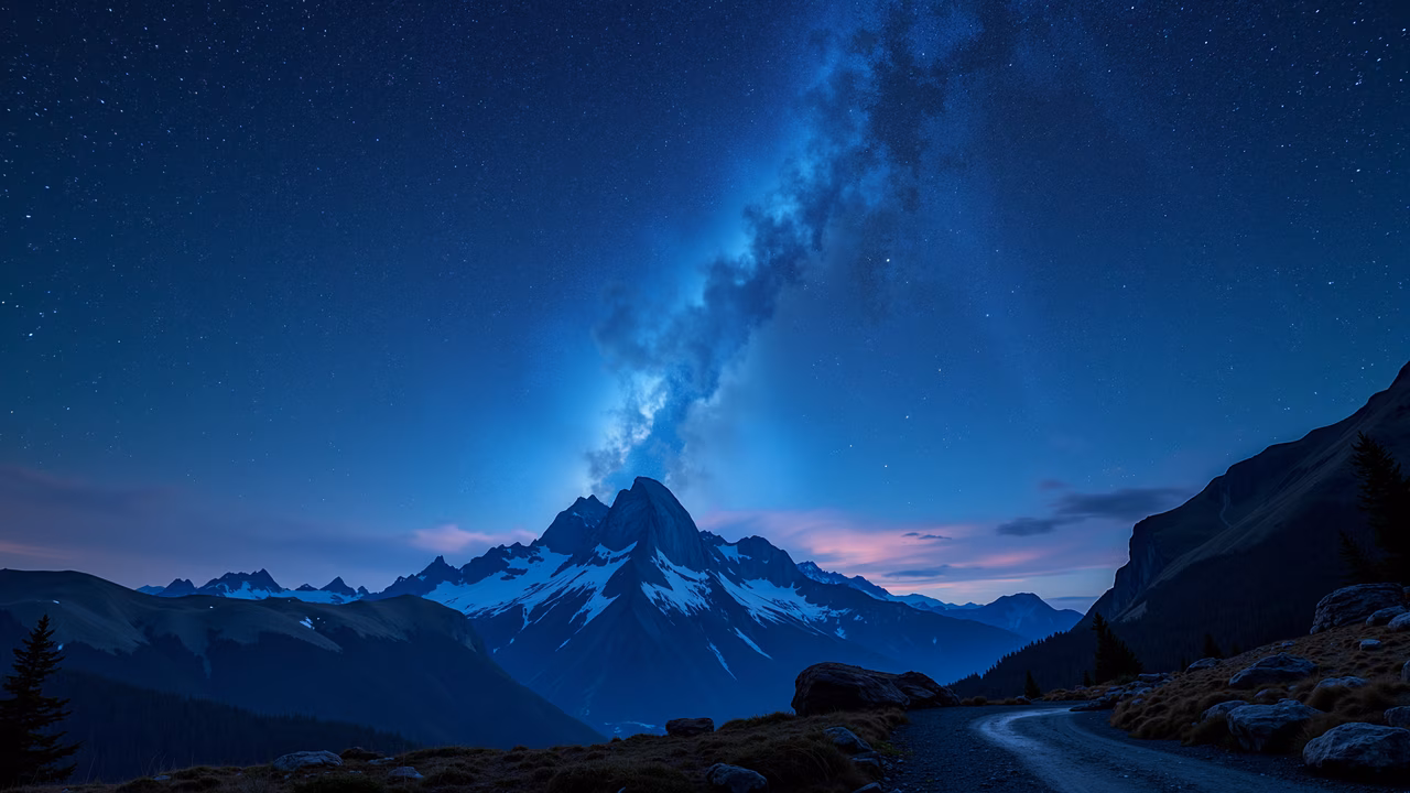 A stunning night landscape featuring a snow-covered mountain under a starry sky, evoking tranquility and mystery.