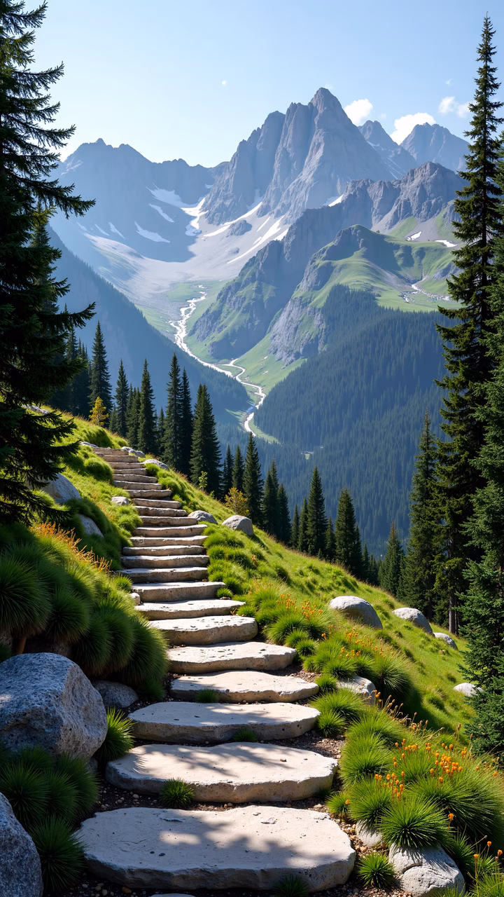 A tranquil pathway through a verdant valley, leading to towering mountains under a soft sunlit sky.