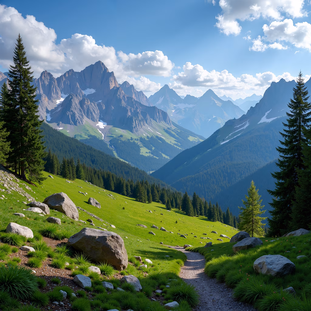A tranquil pathway through a verdant meadow with towering evergreens and majestic mountains in the background.
