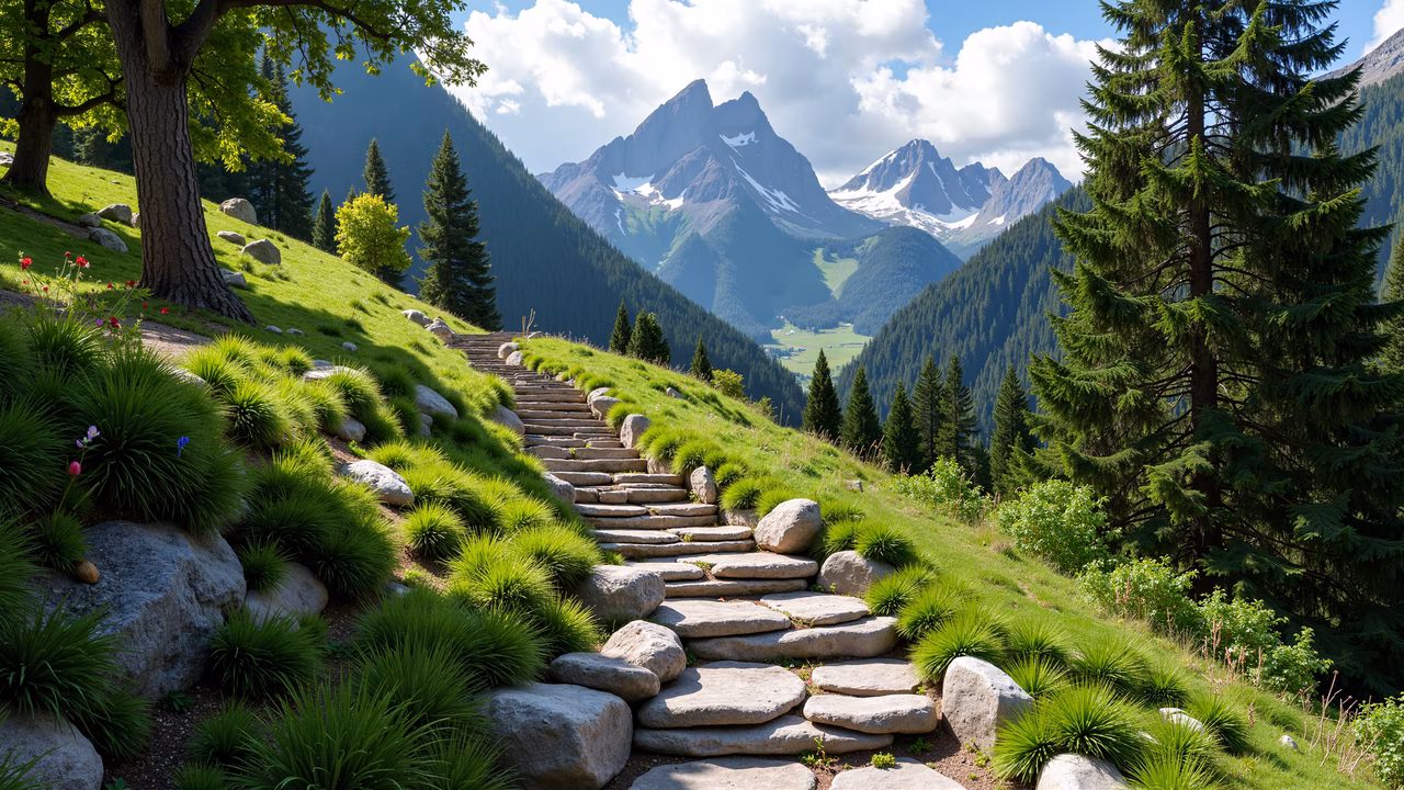 A tranquil pathway through a verdant landscape, leading to snow-capped mountains under a clear sky.