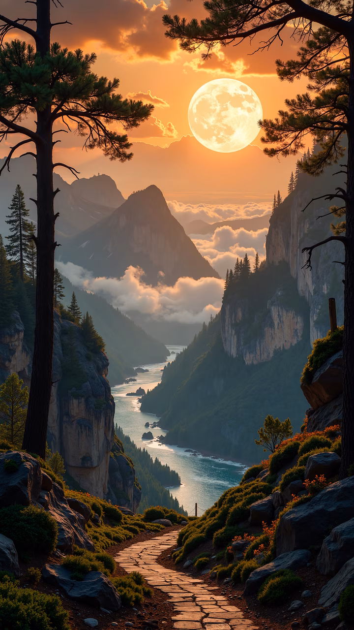 A picturesque pathway through majestic mountains at sunset, featuring lush greenery and a serene river.