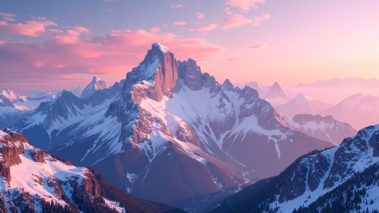 A serene mountain landscape at dawn, featuring snow-covered peaks and a soft pink sky.