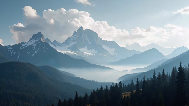 Mountain Peaks and Misty Forest