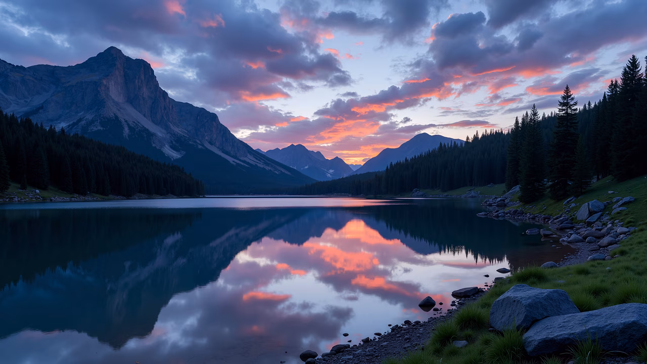 A stunning sunset over a mountain lake, reflecting the vibrant sky and surrounded by pine trees.