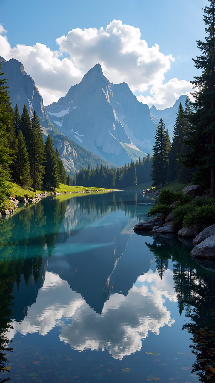 A peaceful illustration of a mountain lake reflecting towering peaks, surrounded by lush greenery and calm waters.
